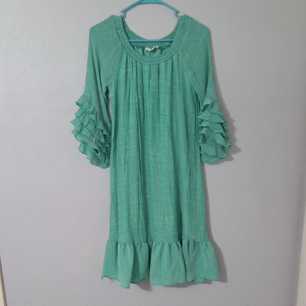 Elegant Teal Woman's Dress with Ruffled Sleeves